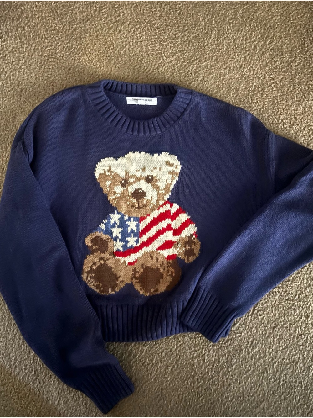 Grayson Threads Navy Teddy Bear Crewneck Sweater with Flag Motif